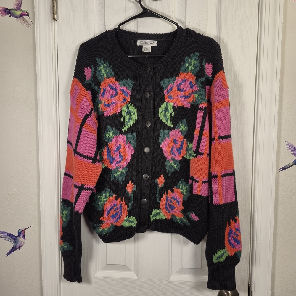 Vintage 90s Floral Cardigan Large Ramie Cotton Eclectic Grandpa Spring Knit